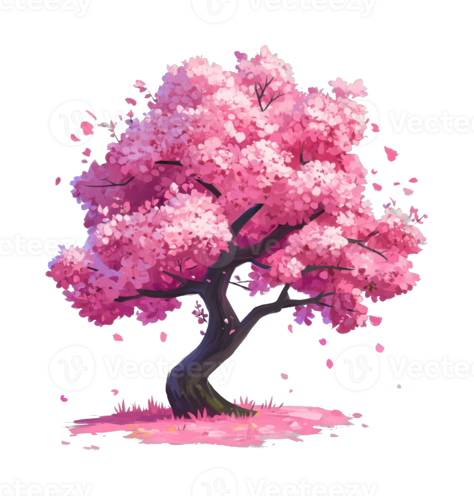 Lush pink blossom on a cherry tree with petals falling gracefully png