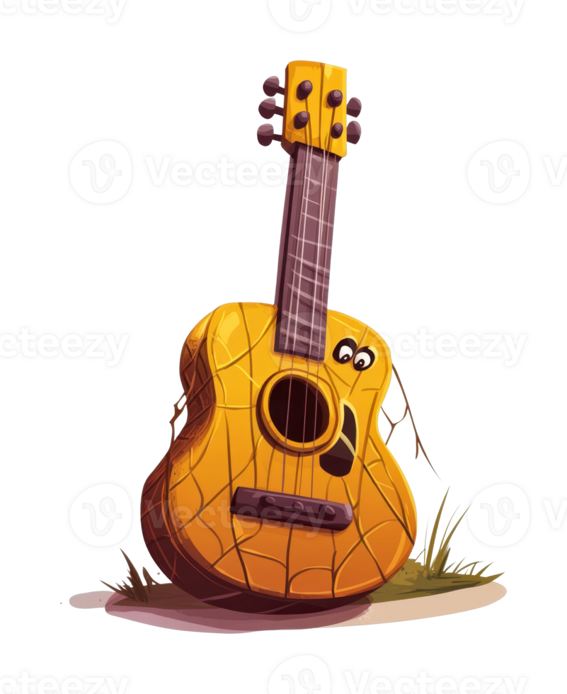 Cartoon spider-themed yellow ukulele with eyes and web pattern png