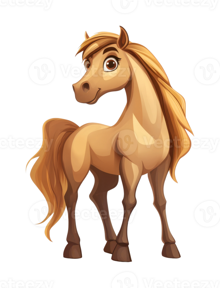 Illustrated charming brown cartoon horse with flowing mane png