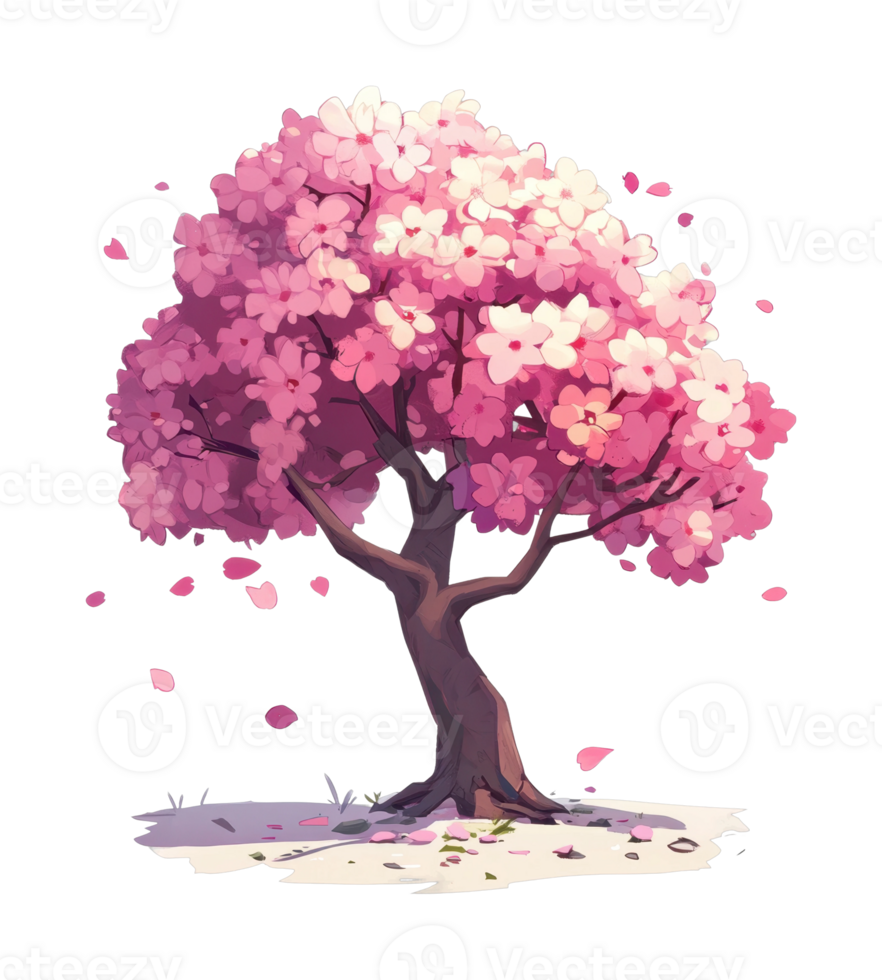 Vibrant cherry blossom tree with falling petals in full bloom png