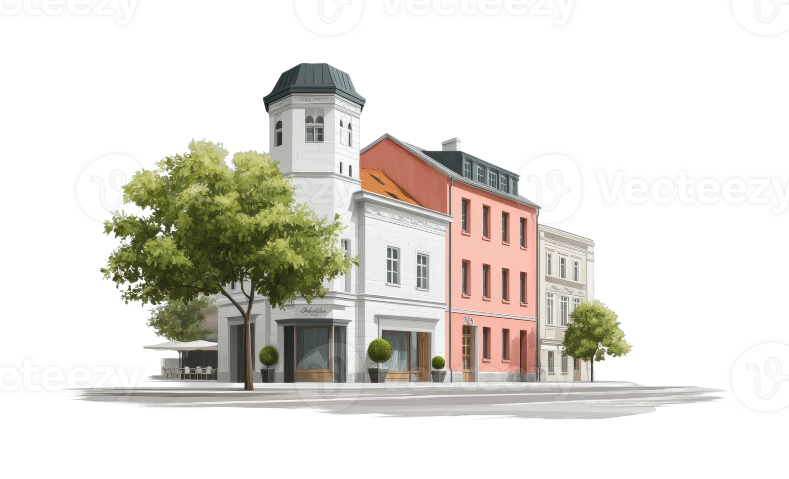 Charming european street corner with historic buildings and trees png
