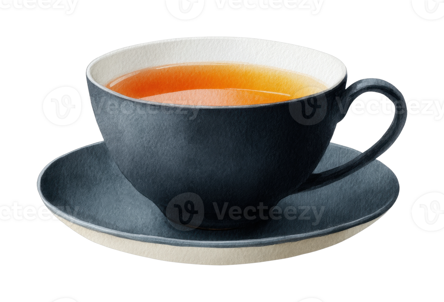 Elegant cup of tea in a dark ceramic cup and saucer png