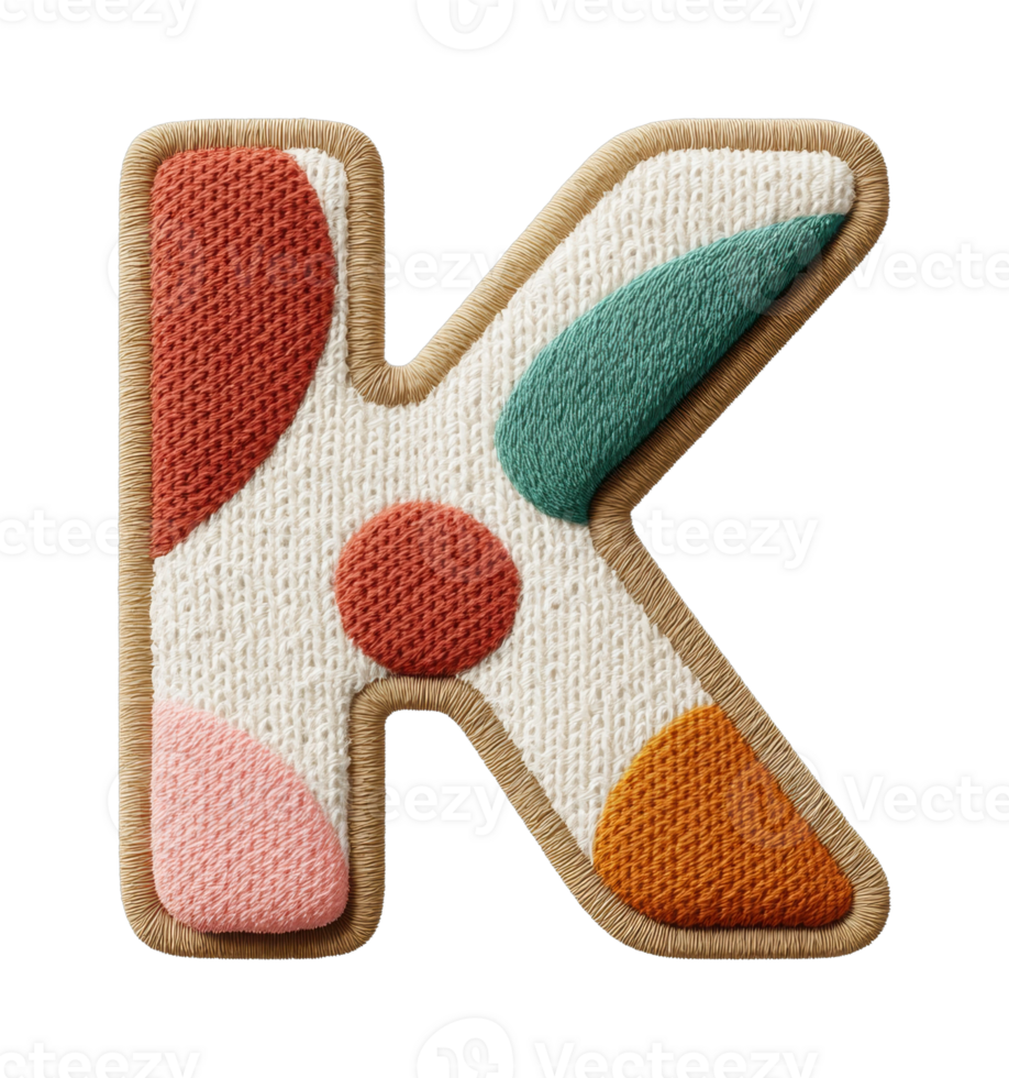 Colorful textile letter k with geometric patterns png