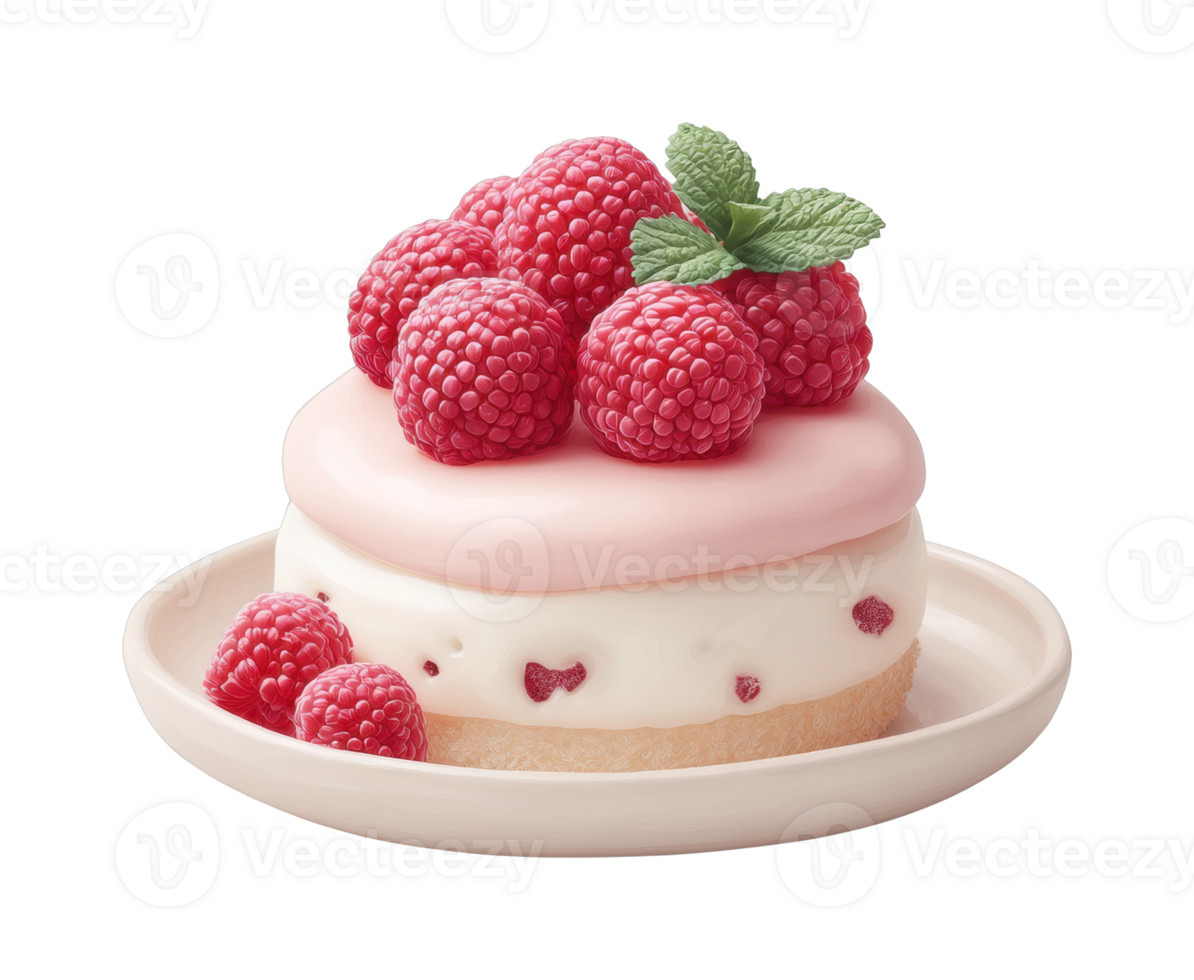 Raspberry topped dessert with pink cream and mint garnish on a plate png