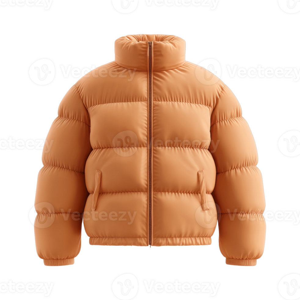 Stylish orange puffer jacket with zipper and pockets png
