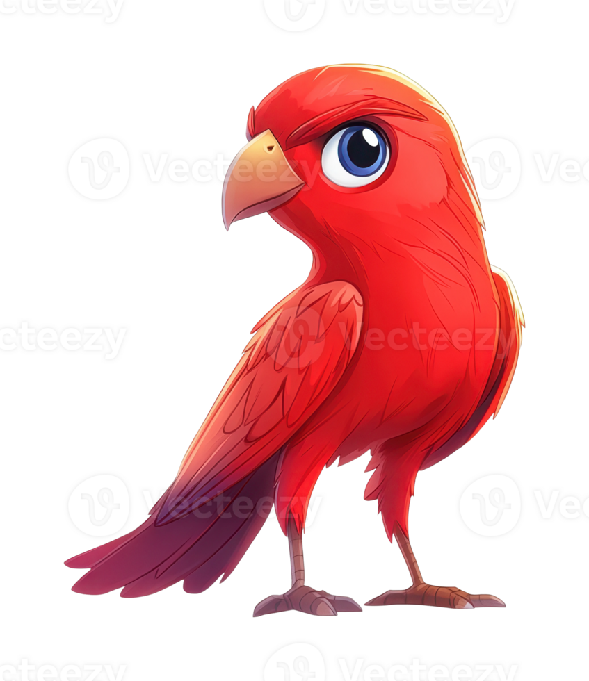Vibrant cartoon red parrot with expressive eyes and detailed feathers png
