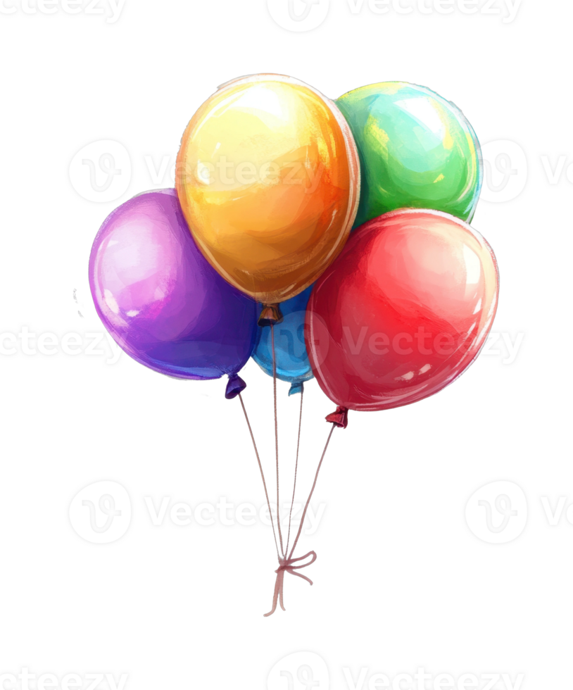 Colorful helium balloons clustered together on strings png