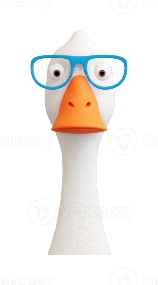 Goose wearing blue glasses with quirky expression and long neck png