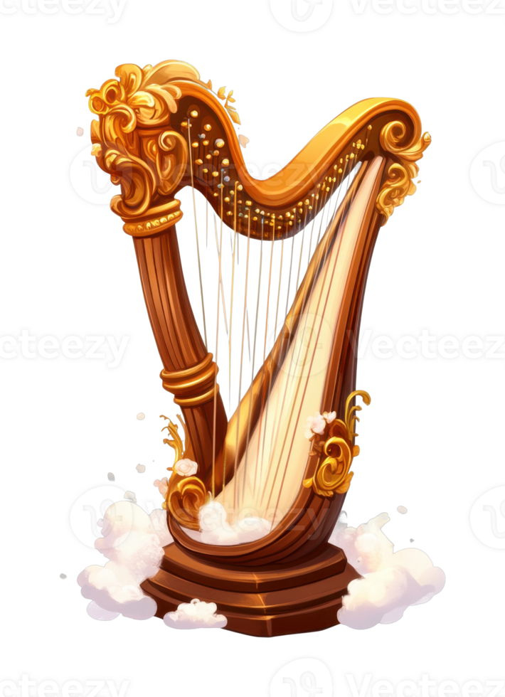 Elegant golden harp with ornate detailing and flowing strings png