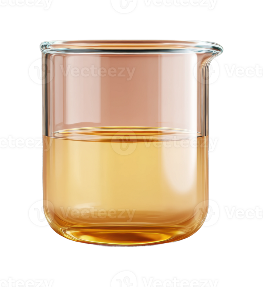 Glass beaker with amber liquid half-full on white png