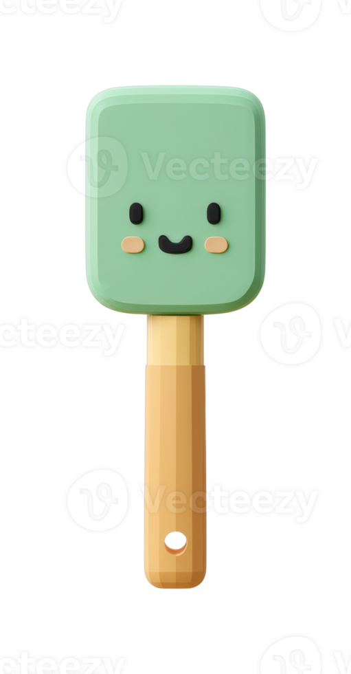 Cute smiling cartoon spatula with wooden handle and green head png