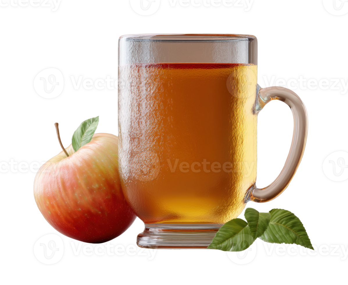 Fresh apple juice in glass mug with whole red apple and leaves png