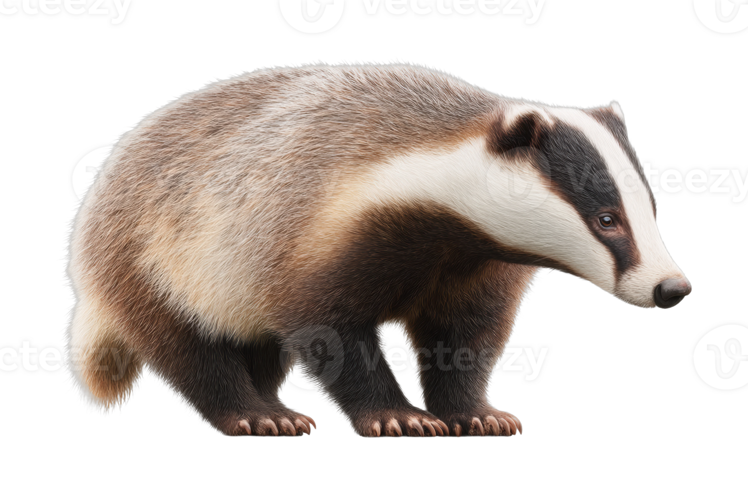 European badger with distinctive facial stripes standing sideways png