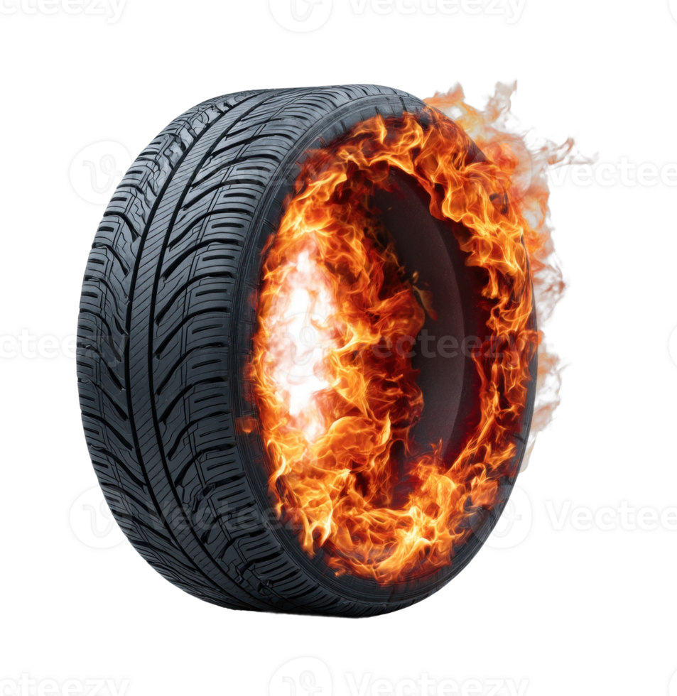 Burning tire with fiery flames in dramatic motion png