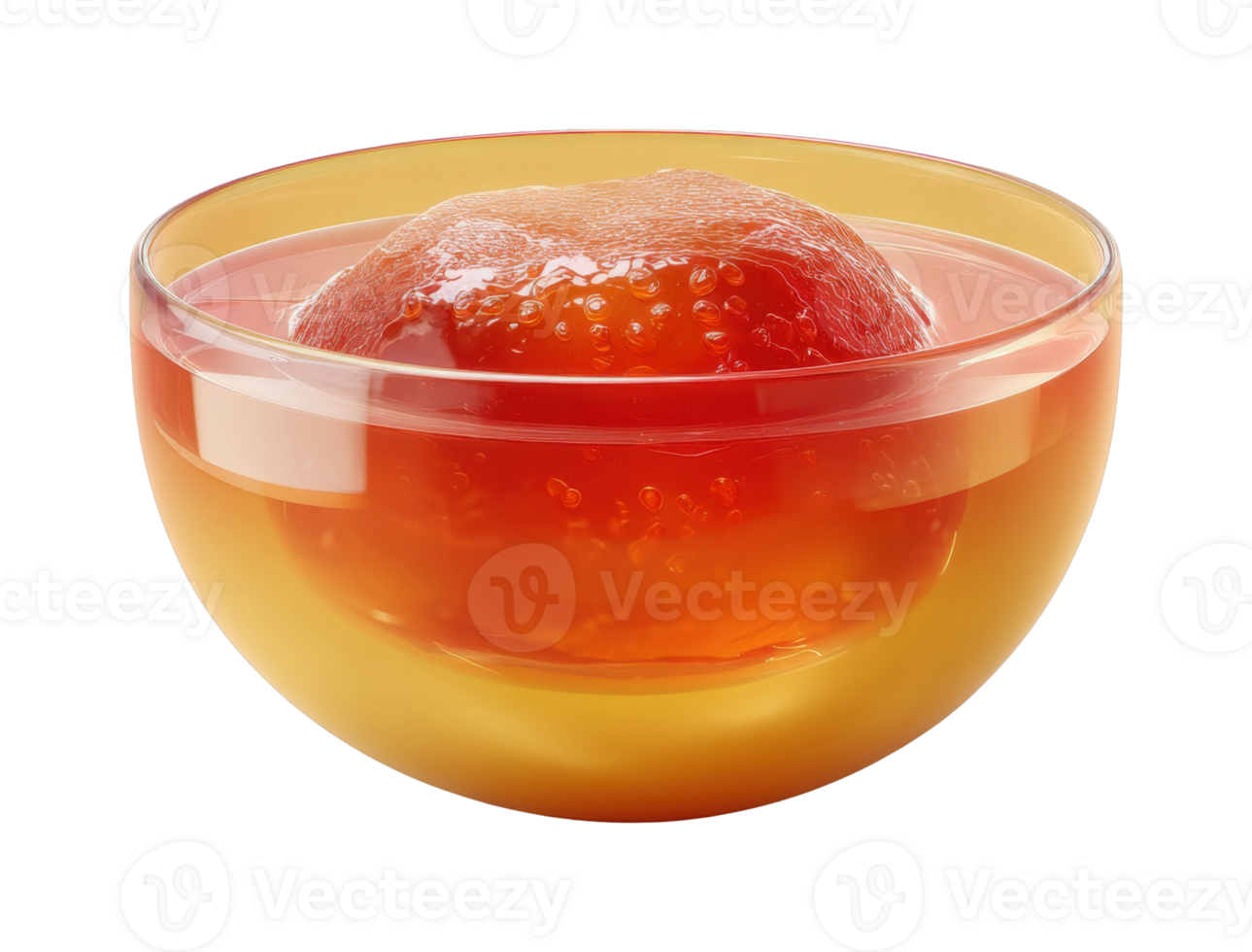 Strawberry floating in amber liquid within transparent glass bowl png