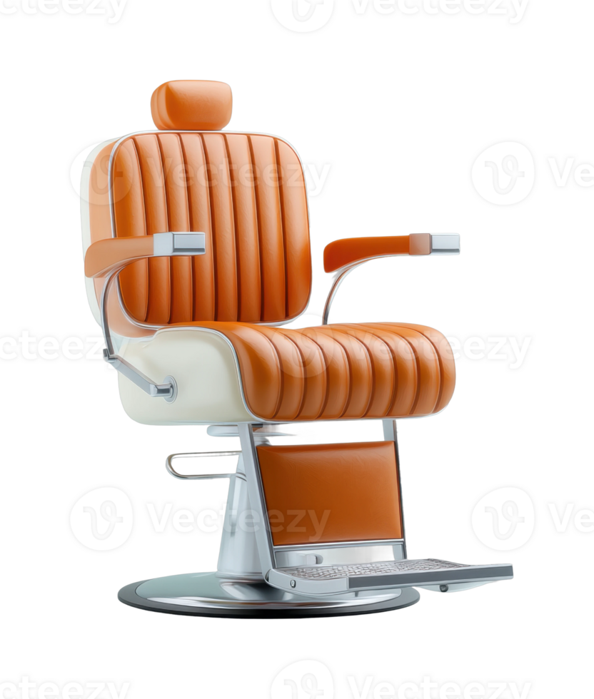 Vintage barber chair with orange cushions and footrest png