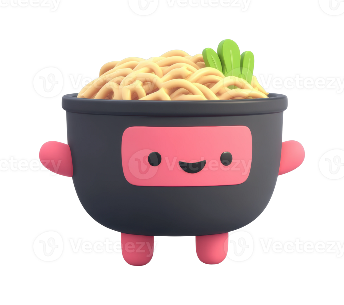Adorable cartoon noodle bowl with smiling face and green garnish png