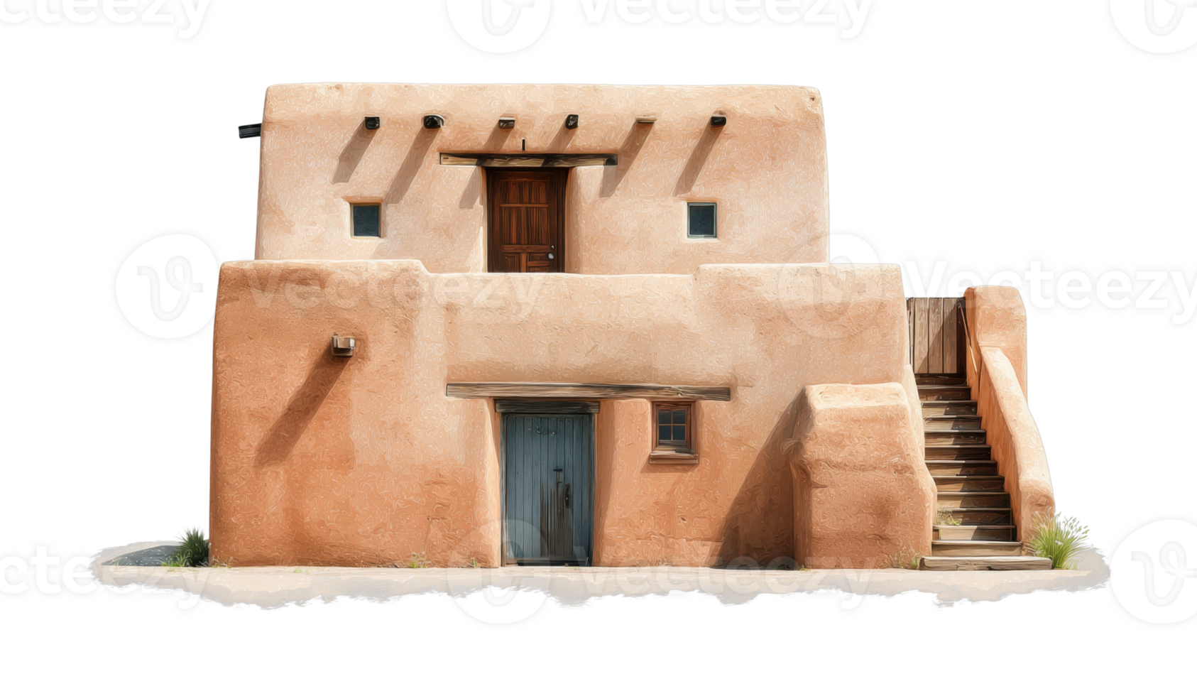 Traditional adobe house with wooden door and stairs png