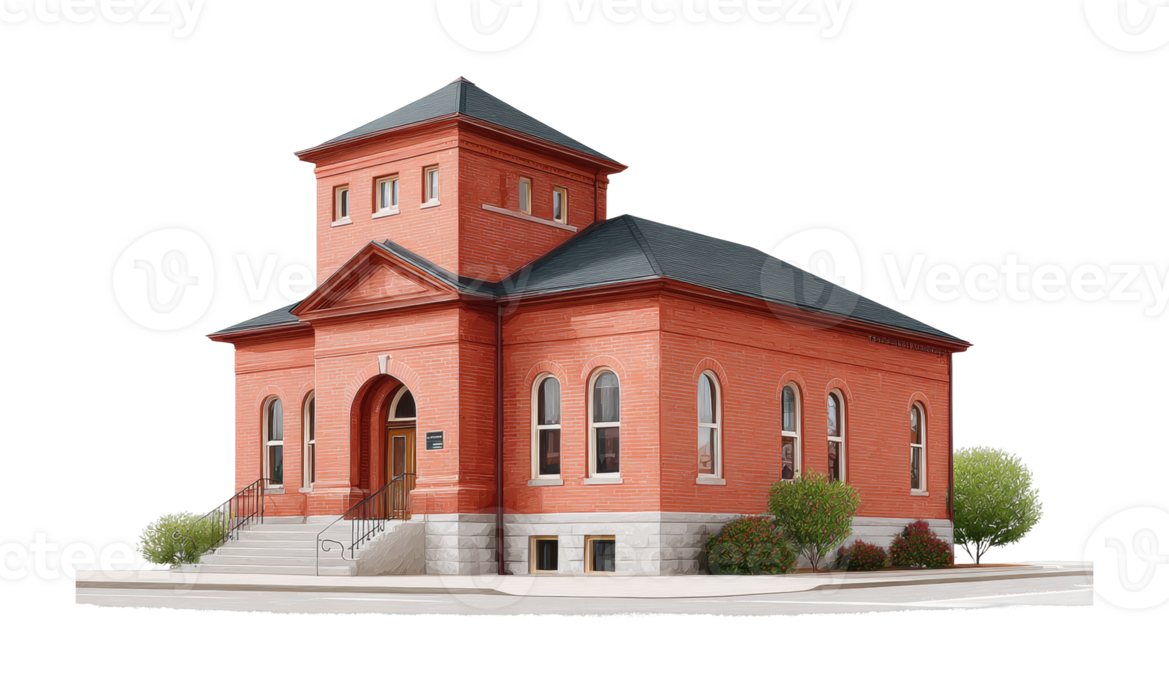 Historic red brick building with tower and arched windows on corner png
