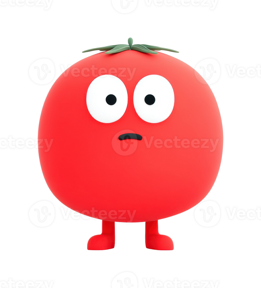 Cute cartoon tomato character with big eyes and green stem png