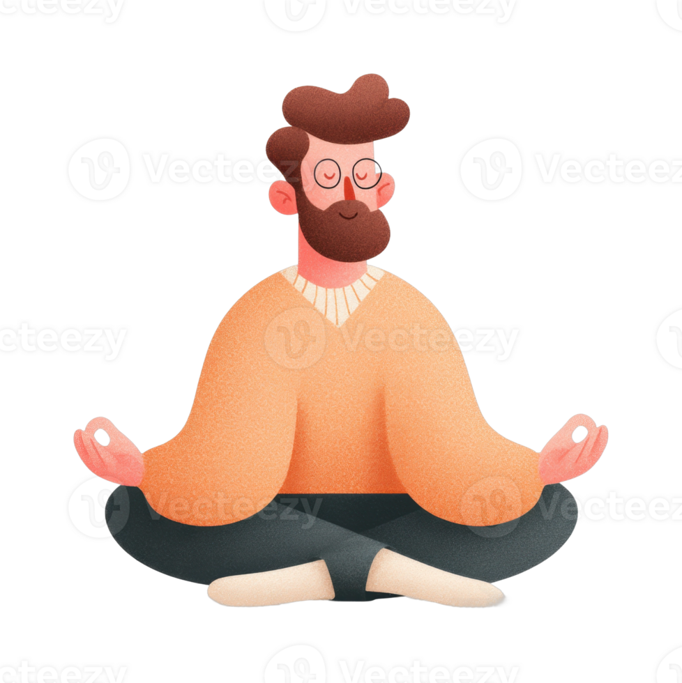 Cartoon bearded male meditating in yoga pose with glasses png