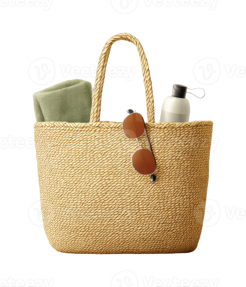 Beach bag with sunglasses, towel, and sunscreen png
