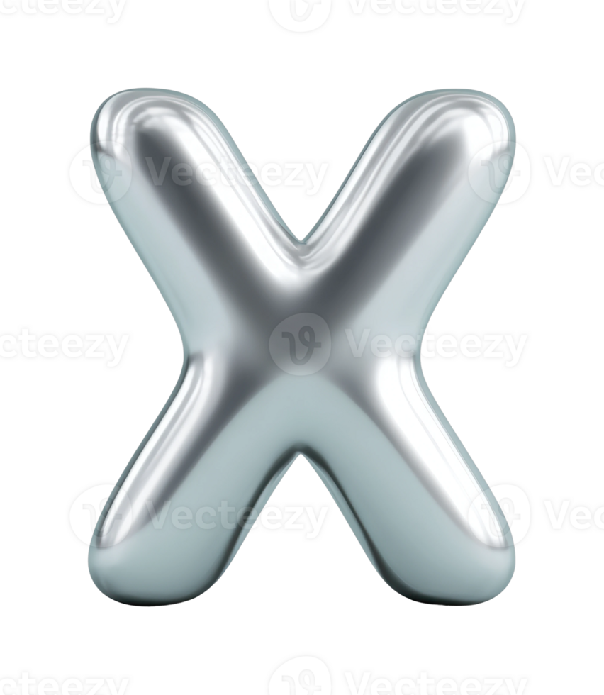 Shiny silver metallic letter x in 3d design with smooth surface detail png