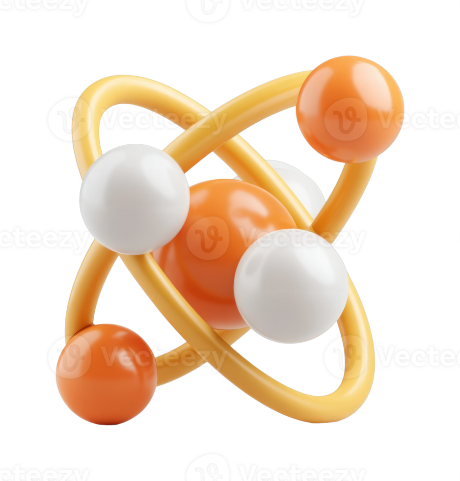Vibrant atomic model with orbiting spheres and interconnected orbits png