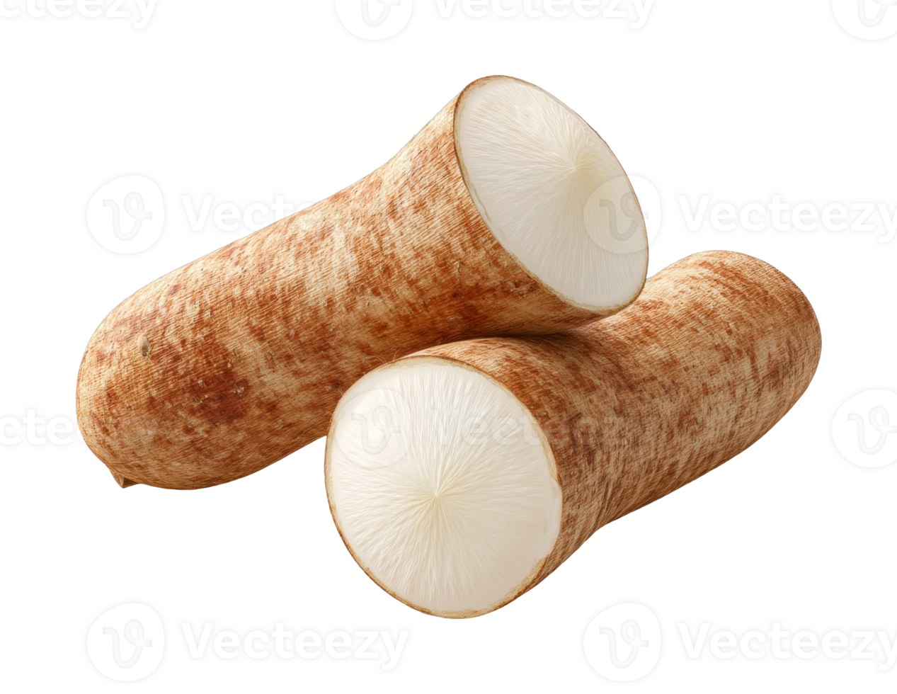 Sliced raw cassava tubers with textured brown skin and white flesh png