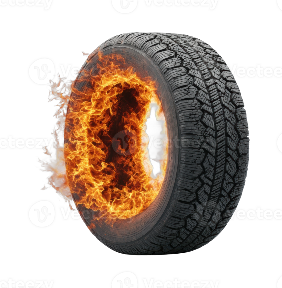 Burning tire with intense flames and detailed tread pattern png