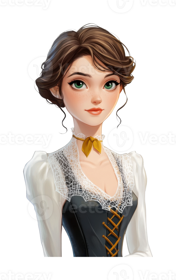 Young caucasian female wearing vintage-inspired lace dress with brown hair and green eyes png
