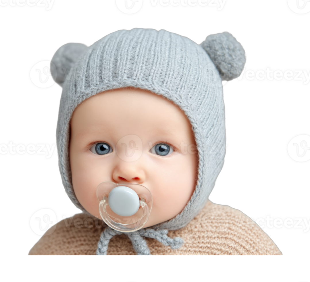 Cute caucasian baby with pacifier in knit hat with bear ears png