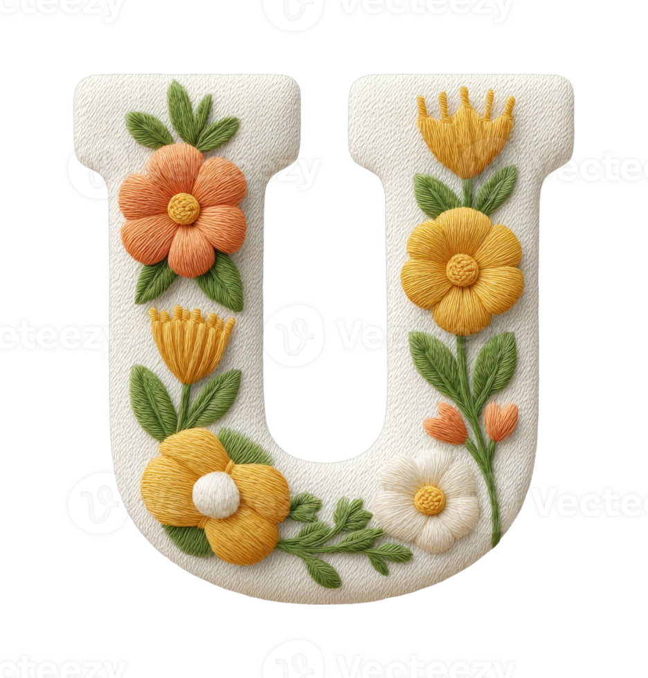 Botanical embroidery art featuring letter u with colorful flowers png