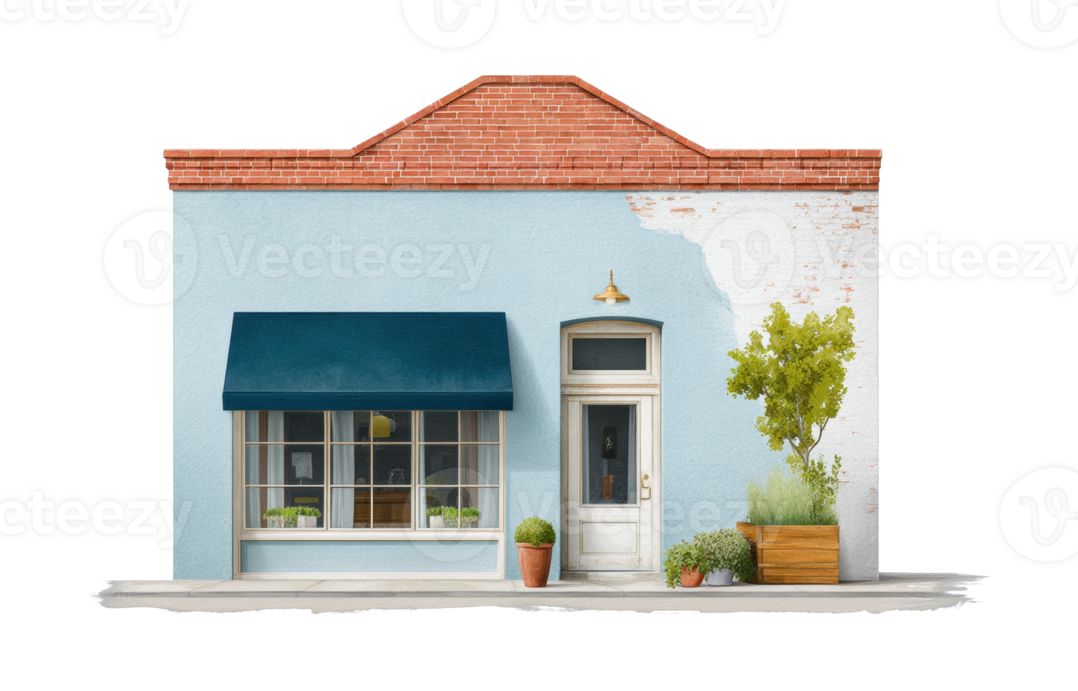 Charming small shop with blue awning and red brick roof facade png