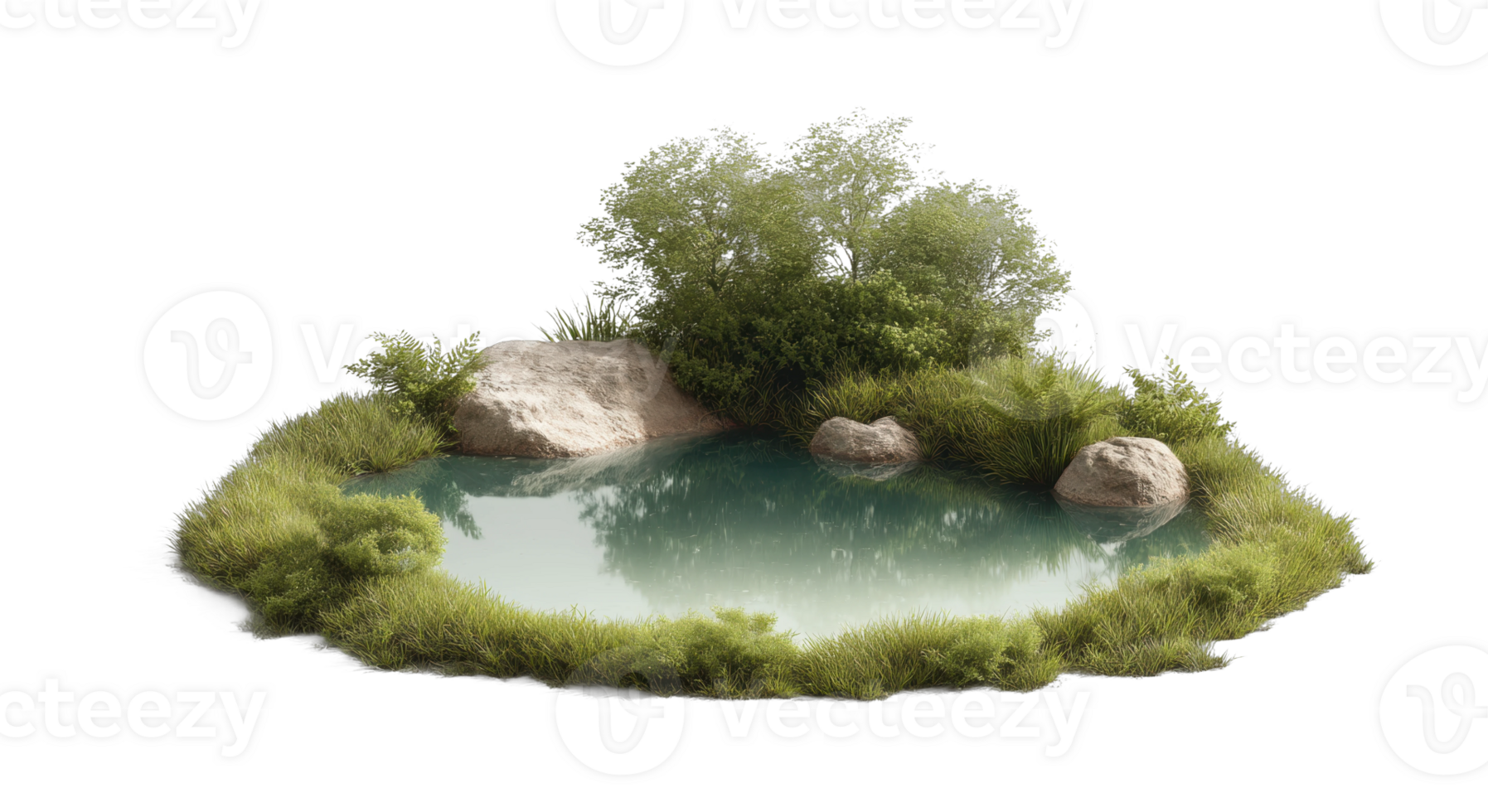 Small tranquil pond with lush greenery and rocks png