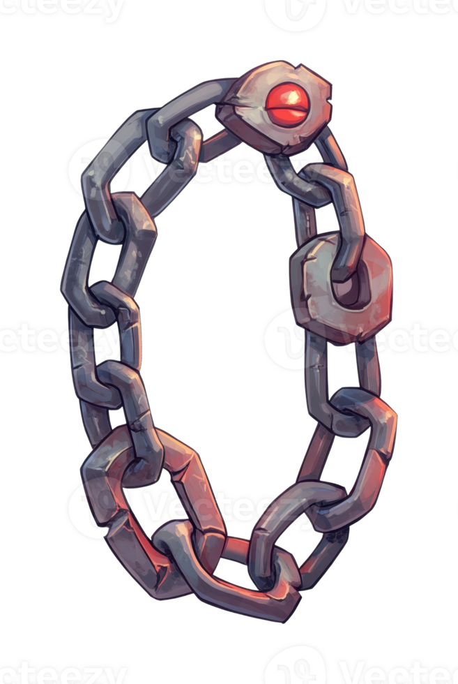 Futuristic metallic chain with red gemstone link visual png