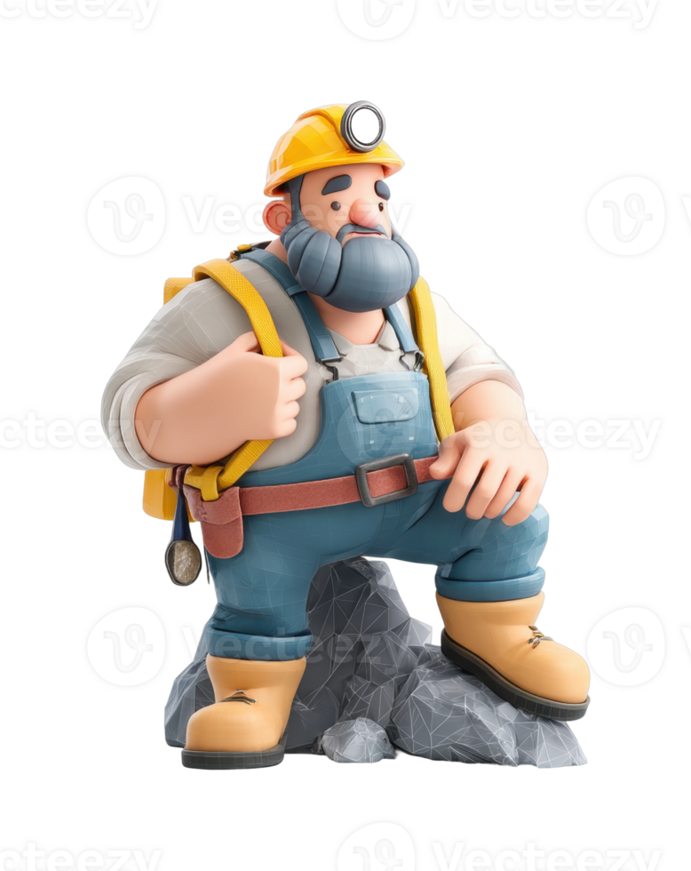 Cartoon miner with helmet and backpack sitting on rock png