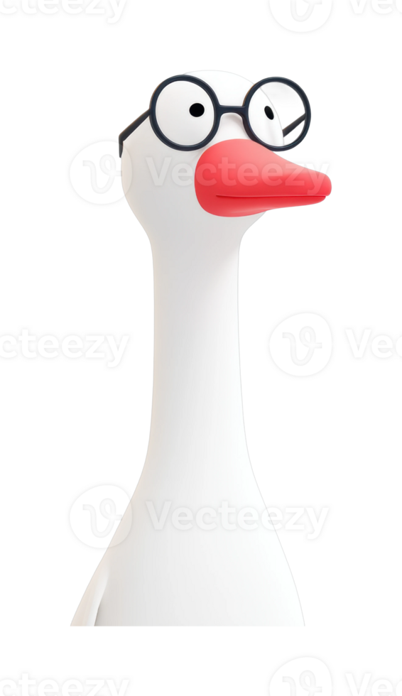 Cartoon goose with glasses and red beak in a fun expression png