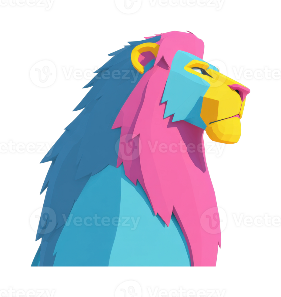 Colorful geometric lion art with vibrant pink and blue mane png