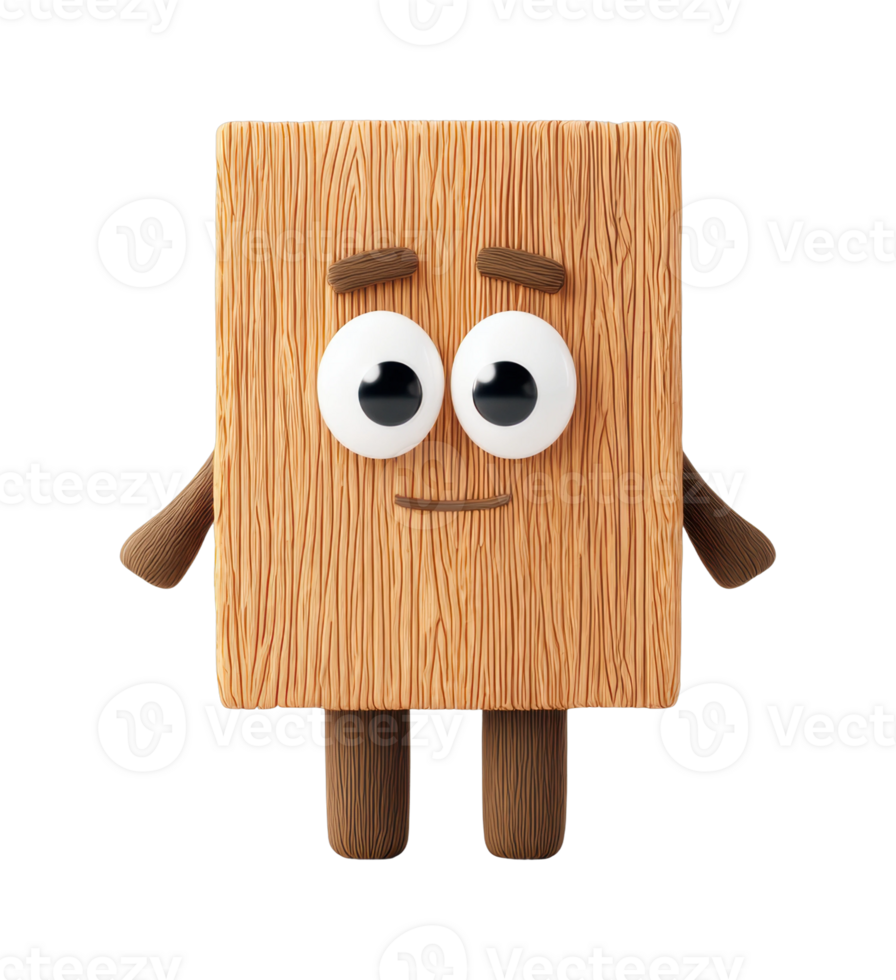 Cute wooden block character with big eyes and arms png