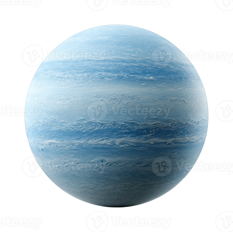 Blue gas planet with cloud bands and atmospheric patterns in space png