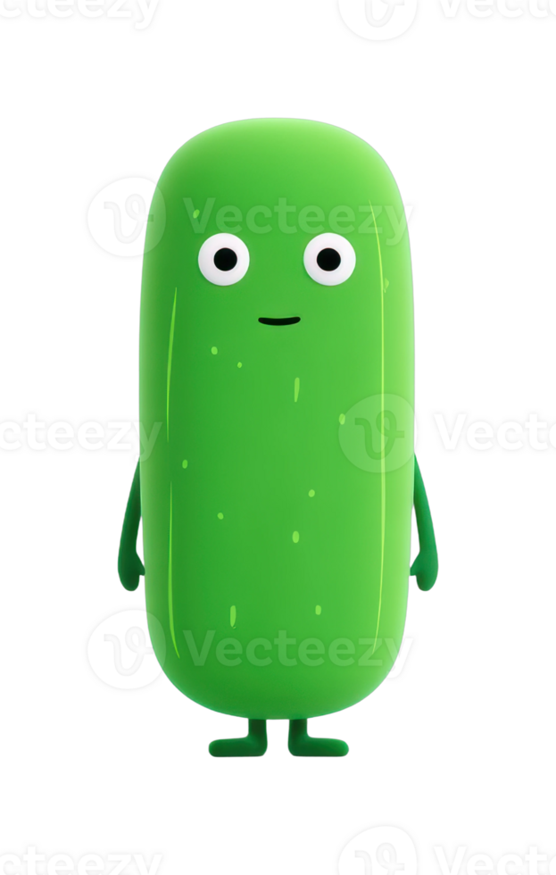 Smiling green pickle cartoon character with big eyes and arms png