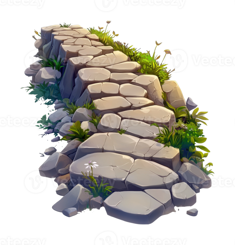 Stone path with wildflowers and grass overgrowth on rustic trail png