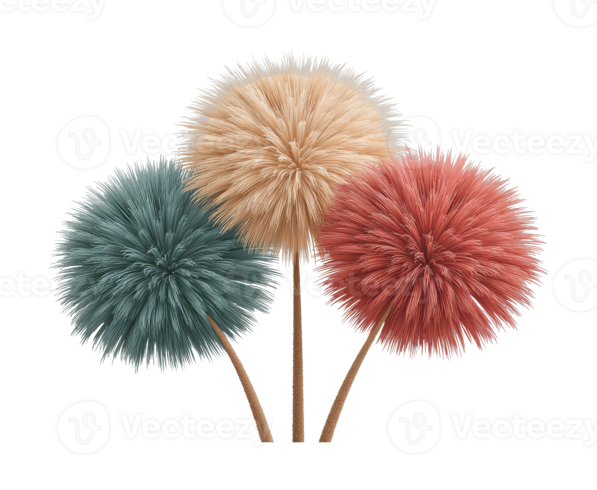Colorful artificial pom-pom flowers with realistic textures and stems png