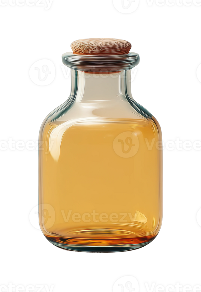Glass bottle with cork stopper filled with amber liquid png