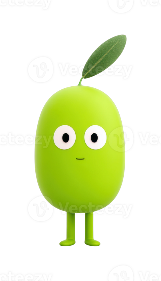 Cute green cartoon character with leaf sprout and large eyes png