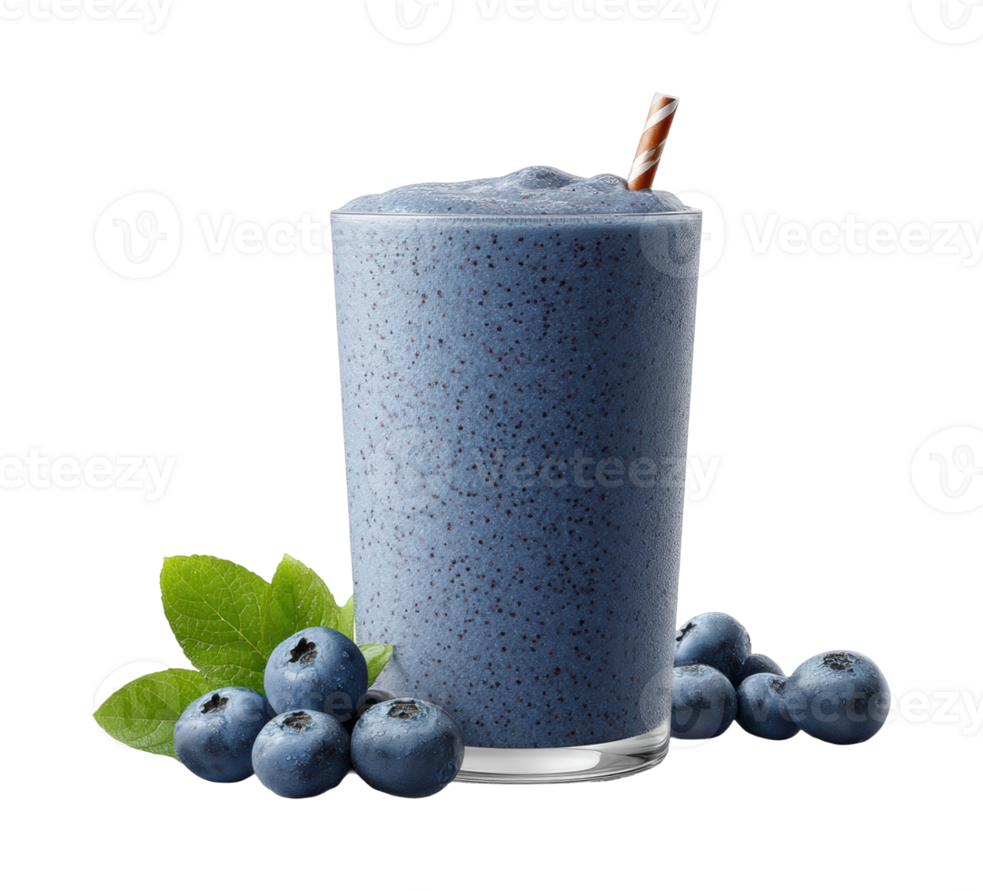 Delicious blueberry smoothie with fresh berries and leaves png