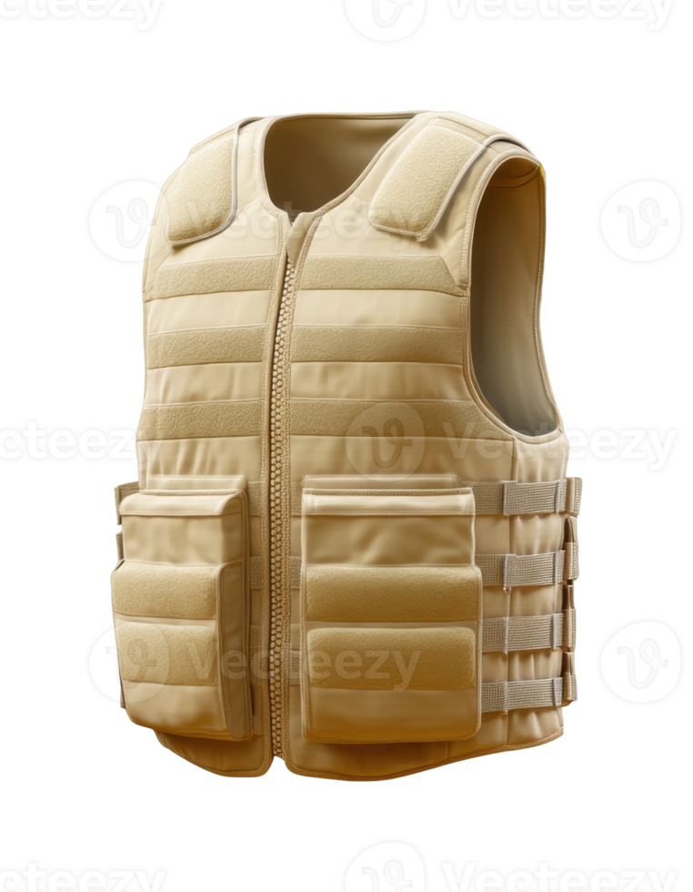 Tan tactical vest with pockets and straps for security and military use png