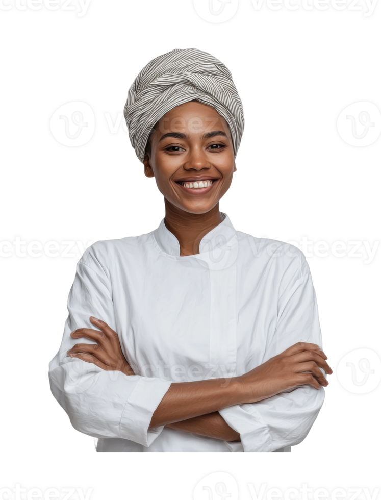 African female chef smiling confidently with arms crossed png