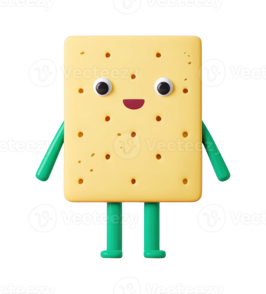 Cute animated cheese cracker character with googly eyes and green limbs png